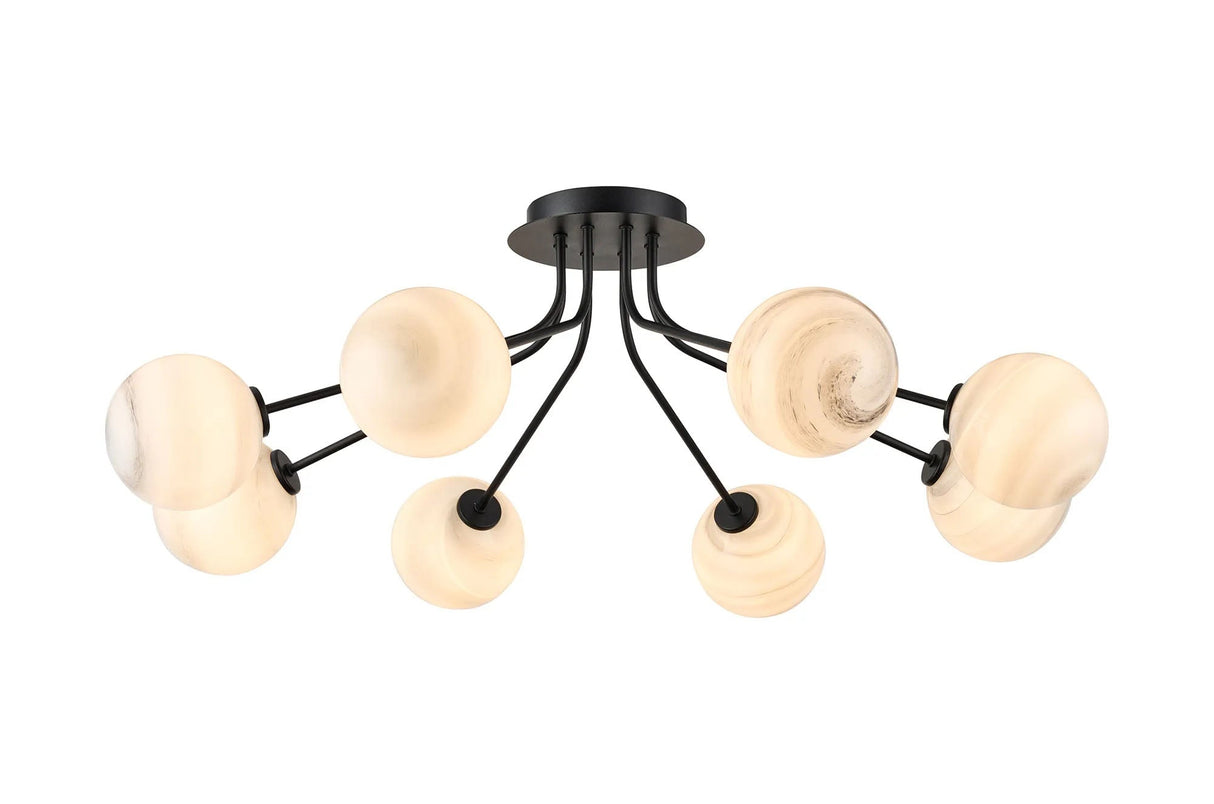 Rix Semi Flush Light, 8 Light G9, Satin Black/Grey Round Marble Effect Glass Shade
