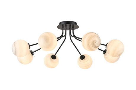 Rix Semi Flush Light, 8 Light G9, Satin Black/Grey Round Marble Effect Glass Shade