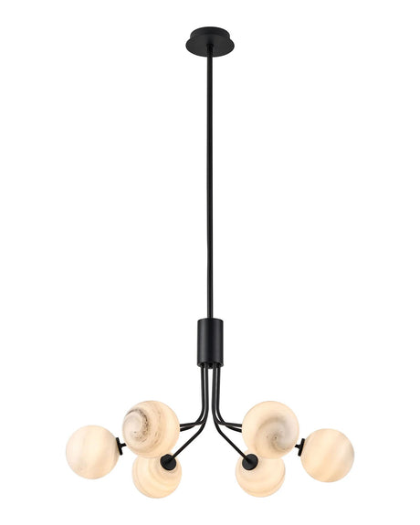 Rix Fixed Pendant, 6 Light G9, Satin Black/Grey Round Marble Effect Glass Shade