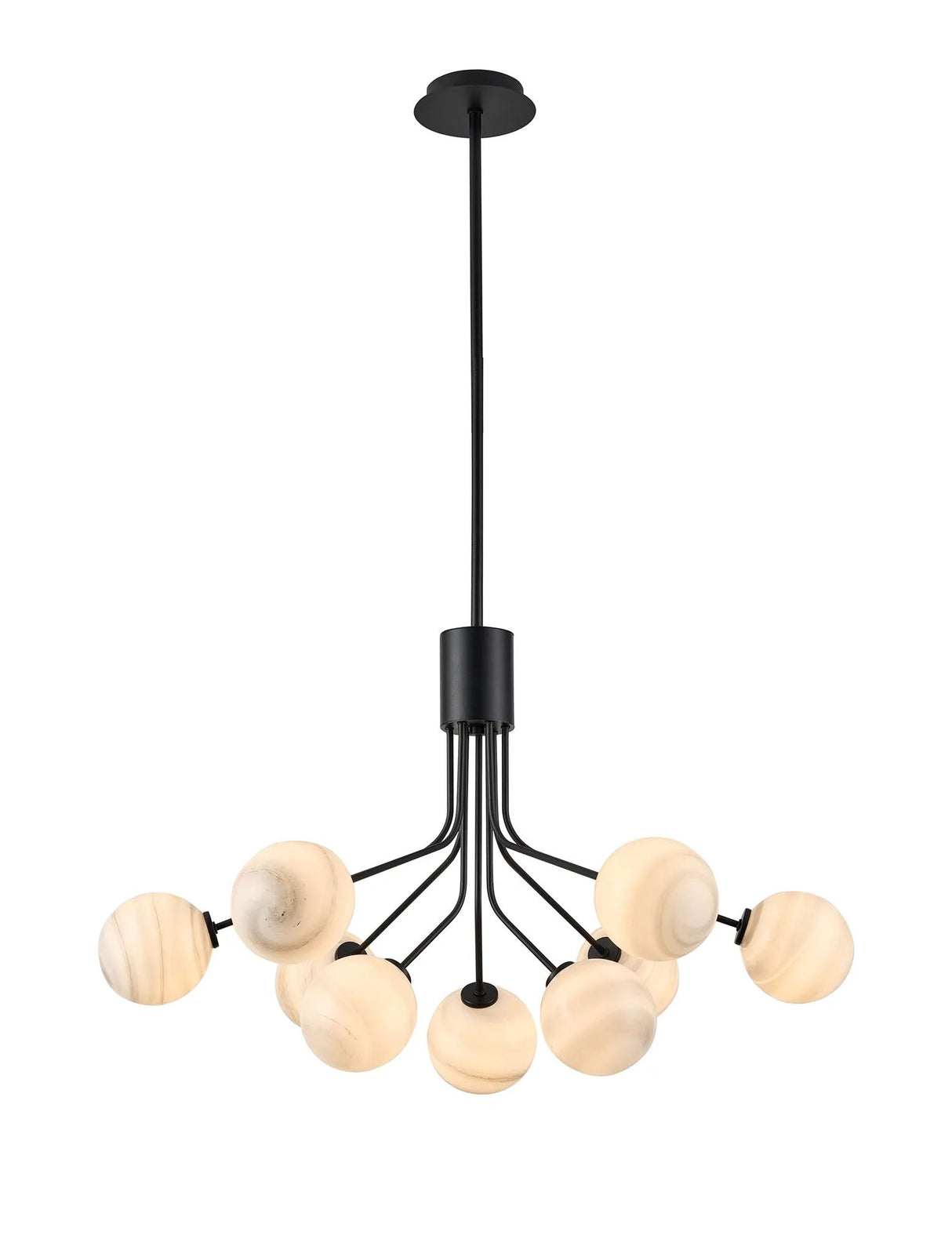 Rix Fixed Pendant, 6 + 3 Light G9, Satin Black/Grey Round Marble Effect Glass Shade