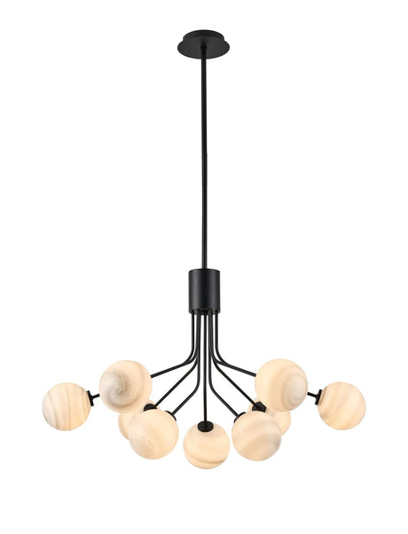 Rix Fixed Pendant, 6 + 3 Light G9, Satin Black/Grey Round Marble Effect Glass Shade