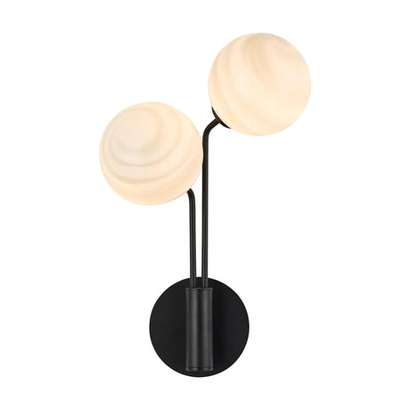 Rix Wall Light, 2 Light G9, Satin Black/Grey Round Marble Effect Glass Shade