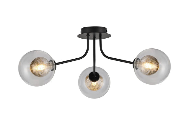 Rix Semi Flush Light, 3 Light G9, Satin Black/Clear With Inner Black Glass Shade