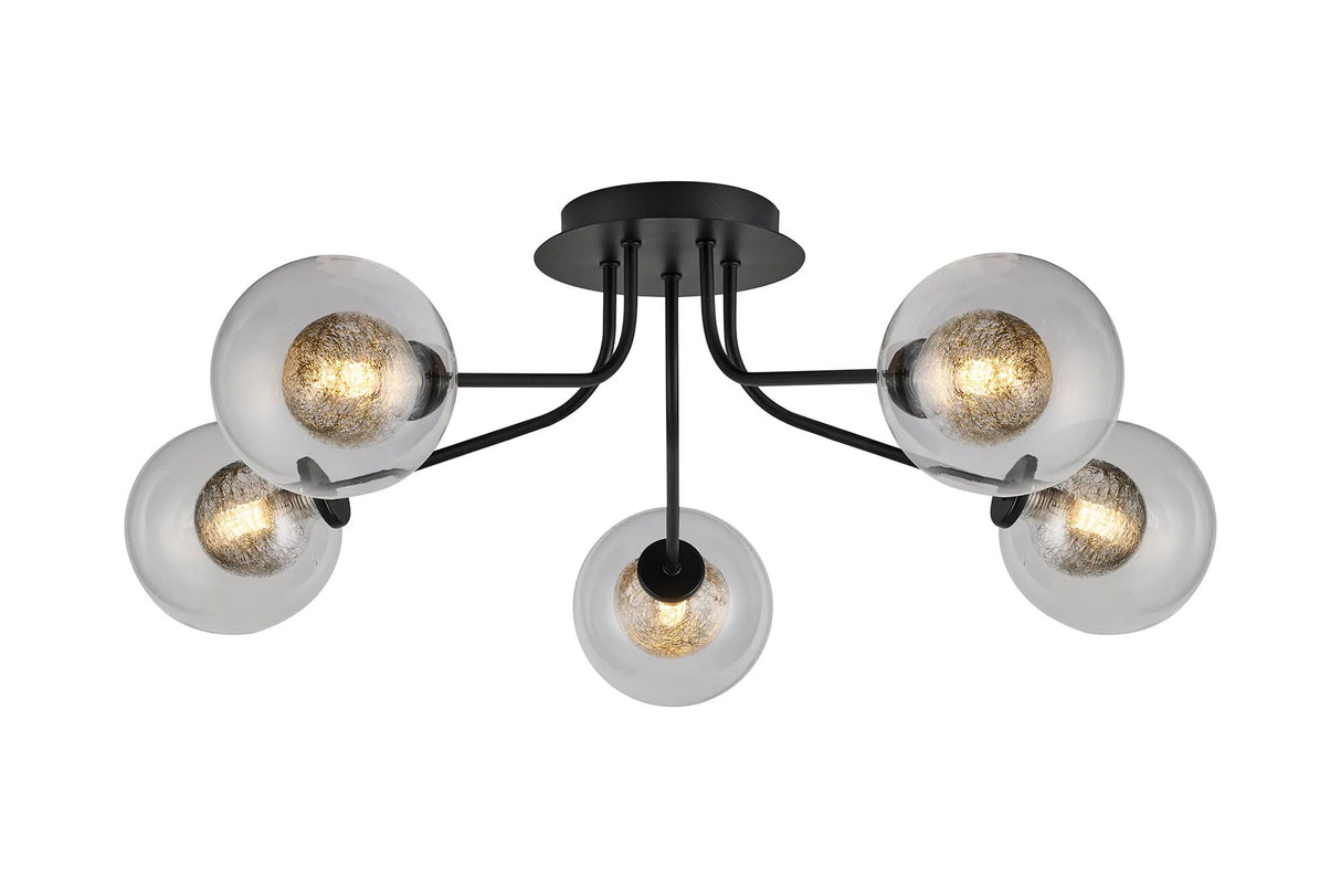Rix Semi Flush Light, 5 Light G9, Satin Black/Clear With Inner Black Glass Shade