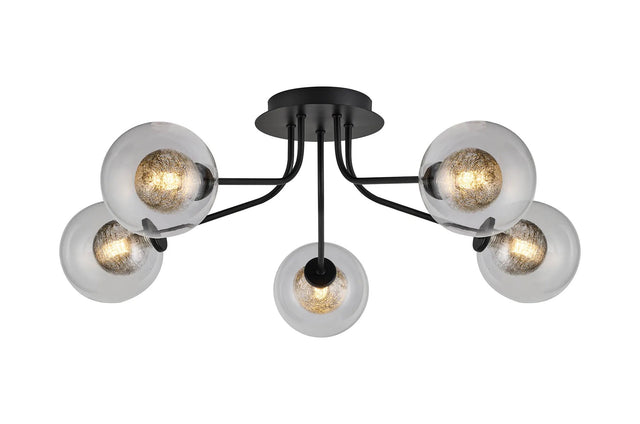 Rix Semi Flush Light, 5 Light G9, Satin Black/Clear With Inner Black Glass Shade