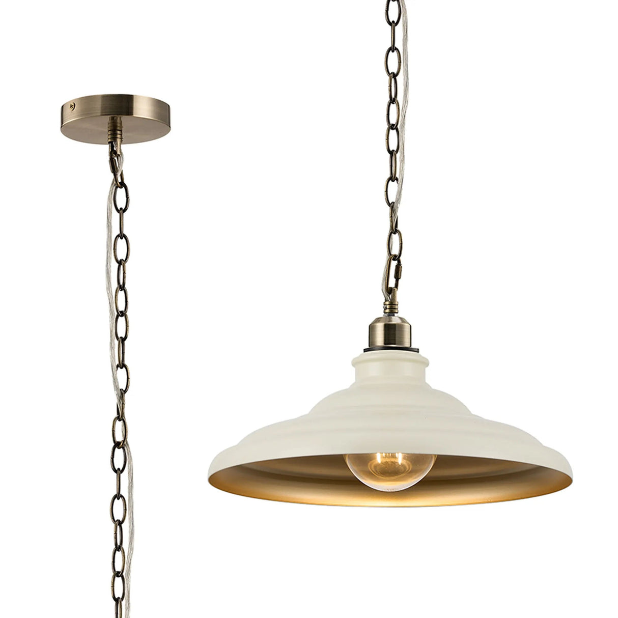 Roberge 35cm 1 Light Pendant, Round Tiered Metal Shade, Antique Brass/Beige/Gold