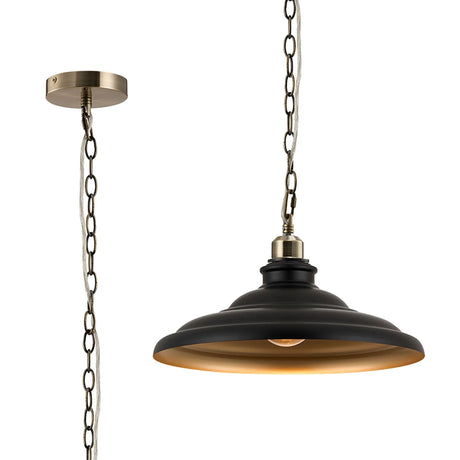Roberge 35cm 1 Light Pendant, Round Tiered Metal Shade, Antique Brass/Matt Black/Gold