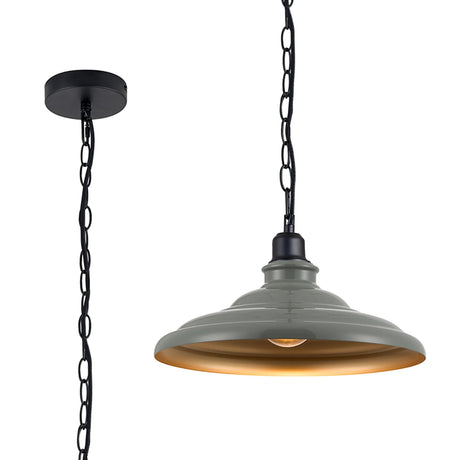 Roberge 35cm 1 Light Pendant, Round Tiered Metal Shade, Matt Black/Polished Grey/Gold