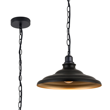 Roberge 35cm 1 Light Pendant, Round Tiered Metal Shade, Matt Black/Matt Black/Gold