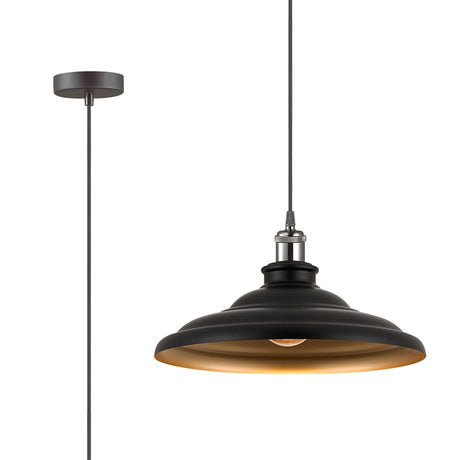 Roberge 35cm 1 Light Knurled Pendant, Round Tiered Metal Shade, Gun Metal/Black/Matt Black/Gold