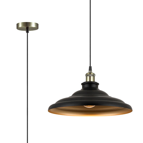 Roberge 35cm 1 Light Knurled Pendant, Round Tiered Metal Shade, Antique Brass/Black/Matt Black/Gold