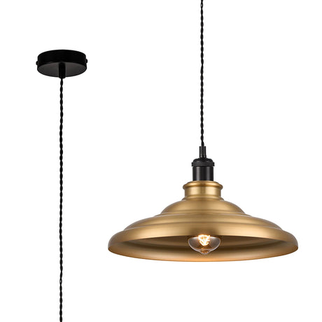 Roberge 35cm 1 Light Knurled Pendant, Round Tiered Metal Shade, Matt Black/Black/Brass/Gold