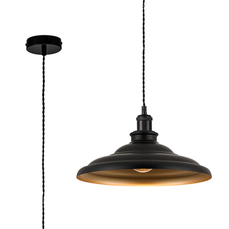 Roberge 35cm 1 Light Knurled Pendant, Round Tiered Metal Shade, Matt Black/Black/Matt Black/Gold