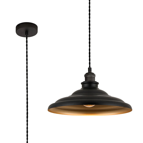 Roberge 35cm 1 Light Knurled Pendant, Round Tiered Metal Shade, Pewter/Dark Grey/Matt Black/Gold