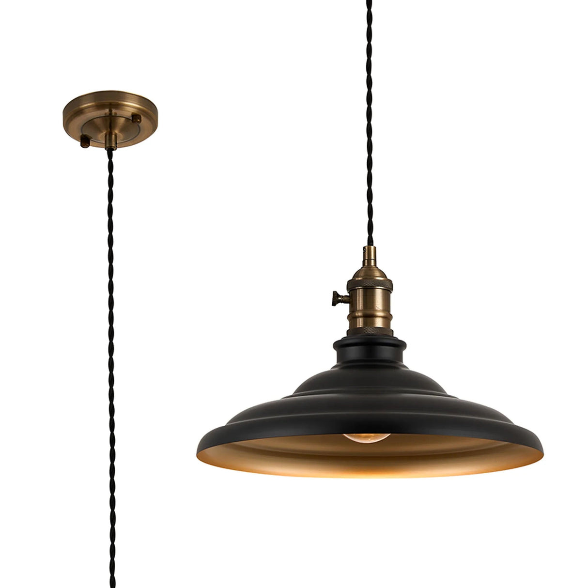 Roberge 35cm 1 Light Braided Pendant, Round Tiered Metal Shade, Antique Brass/Black/Matt Black/Gold