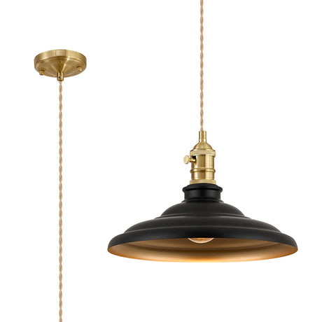 Roberge 35cm 1 Light Braided Pendant, Round Tiered Metal Shade, Brass/Pale Gold/Matt Black/Gold