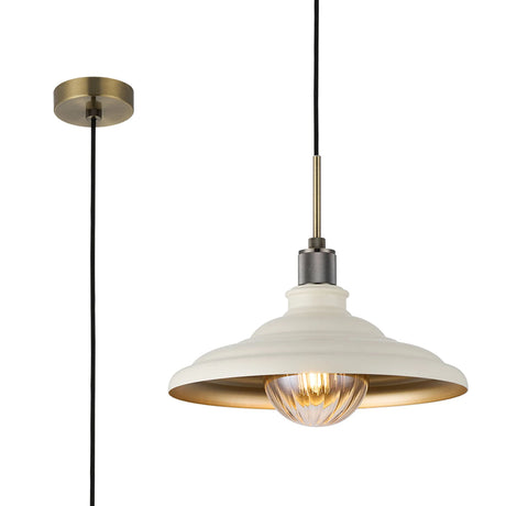 Roberge 35cm Knurled Single Pendant With Two-Tone Shade, 1 x E27, Antique Brass/Beige/Gold