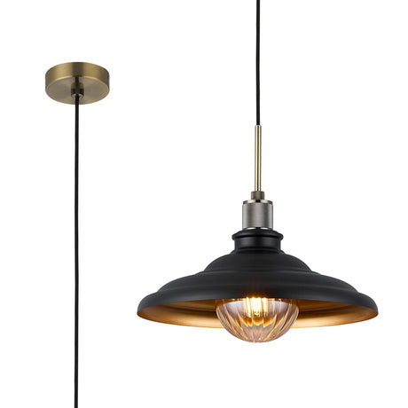 Roberge 35cm Knurled Single Pendant With Two-Tone Shade, 1 x E27, Antique Brass/Satin Black/Gold