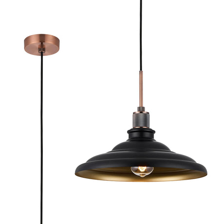 Roberge 35cm Knurled Single Pendant With Two-Tone Shade, 1 x E27, Antique Copper/Satin Black/Gold
