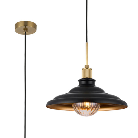 Roberge 35cm Knurled Single Pendant With Two-Tone Shade, 1 x E27, Brass/Satin Black/Gold