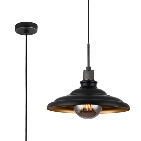 Roberge 35cm Knurled Single Pendant With Two-Tone Shade, 1 x E27, Pewter/Satin Black/Gold