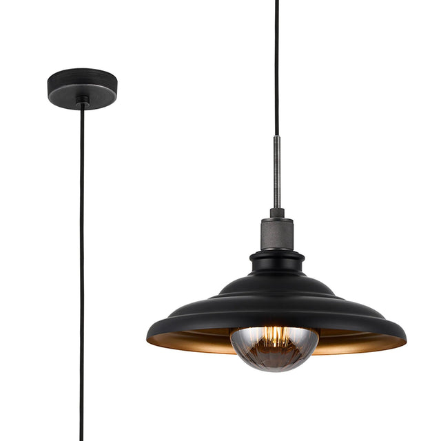 Roberge 35cm Knurled Single Pendant With Two-Tone Shade, 1 x E27, Pewter/Satin Black/Gold