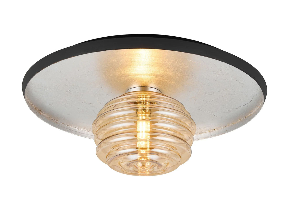Rooks 36cm Flush Ceiling/Wall Light, 1 Light G9, Silver Leaf/Anthracite/Amber Rippled Glass Shade