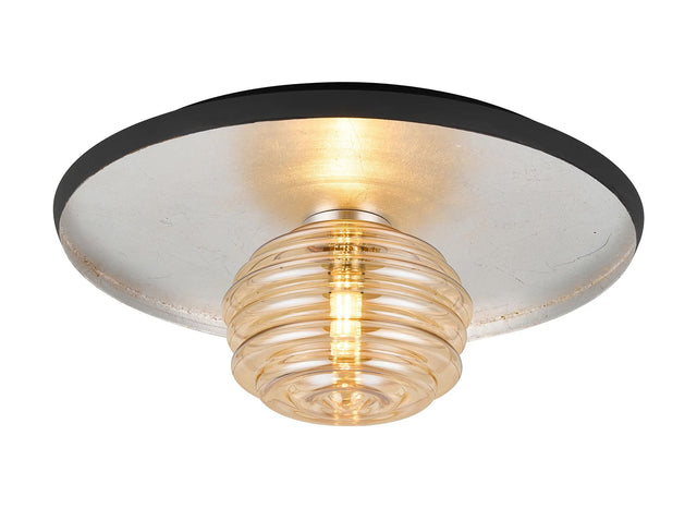 Rooks 36cm Flush Ceiling/Wall Light, 1 Light G9, Silver Leaf/Anthracite/Amber Rippled Glass Shade