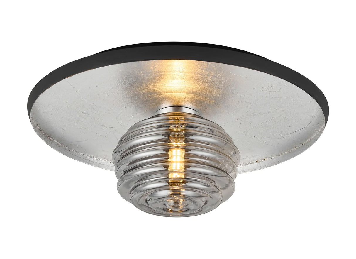 Rooks 36cm Flush Ceiling/Wall Light, 1 Light G9, Gold Leaf/Coffee/Smoke Rippled Glass Shade