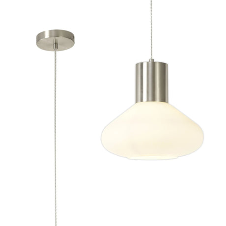 Rowell Wide Pendant, 1 x E27, Satin Nickel/Opal Glass & Clear Twisted Cable