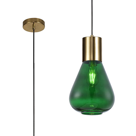 Rowell Narrow Pendant, 1 x E27, Aged Brass/Bottle Green Glass
