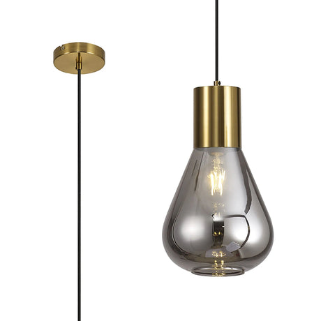 Rowell Narrow Pendant, 1 x E27, Aged Brass/Smoke Plated Glass