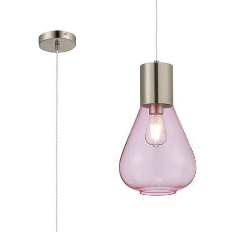 Rowell Narrow Pendant, 1 x E27, Satin Nickel/Pink Glass