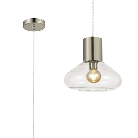 Rowell Wide Pendant, 1 x E27, Satin Nickel/Clear Glass