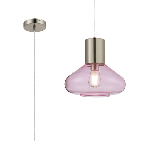 Rowell Wide Pendant, 1 x E27, Satin Nickel/Pink Glass