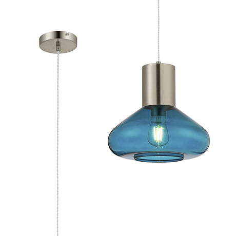 Rowell Wide Pendant, 1 x E27, Satin Nickel/Teal Blue Glass