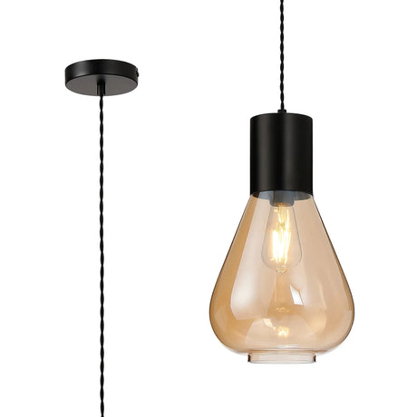 Rowell Narrow Pendant, 1 x E27, Satin Black/Amber Glass