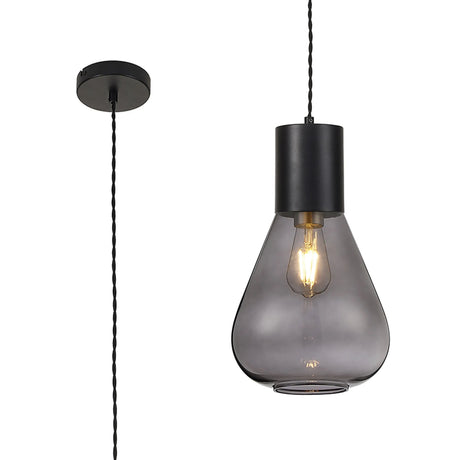 Rowell Narrow Pendant, 1 x E27, Satin Black/Inky Black Glass