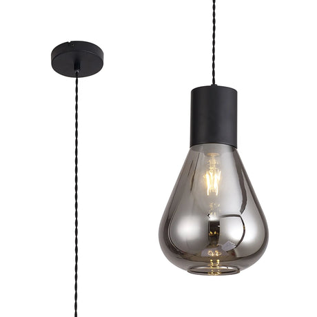 Rowell Narrow Pendant, 1 x E27, Satin Black/Smoke Plated Glass