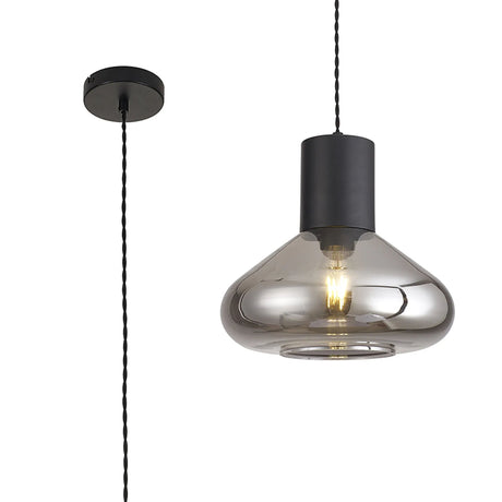 Rowell Wide Pendant, 1 x E27, Satin Black/Smoke Plated Glass