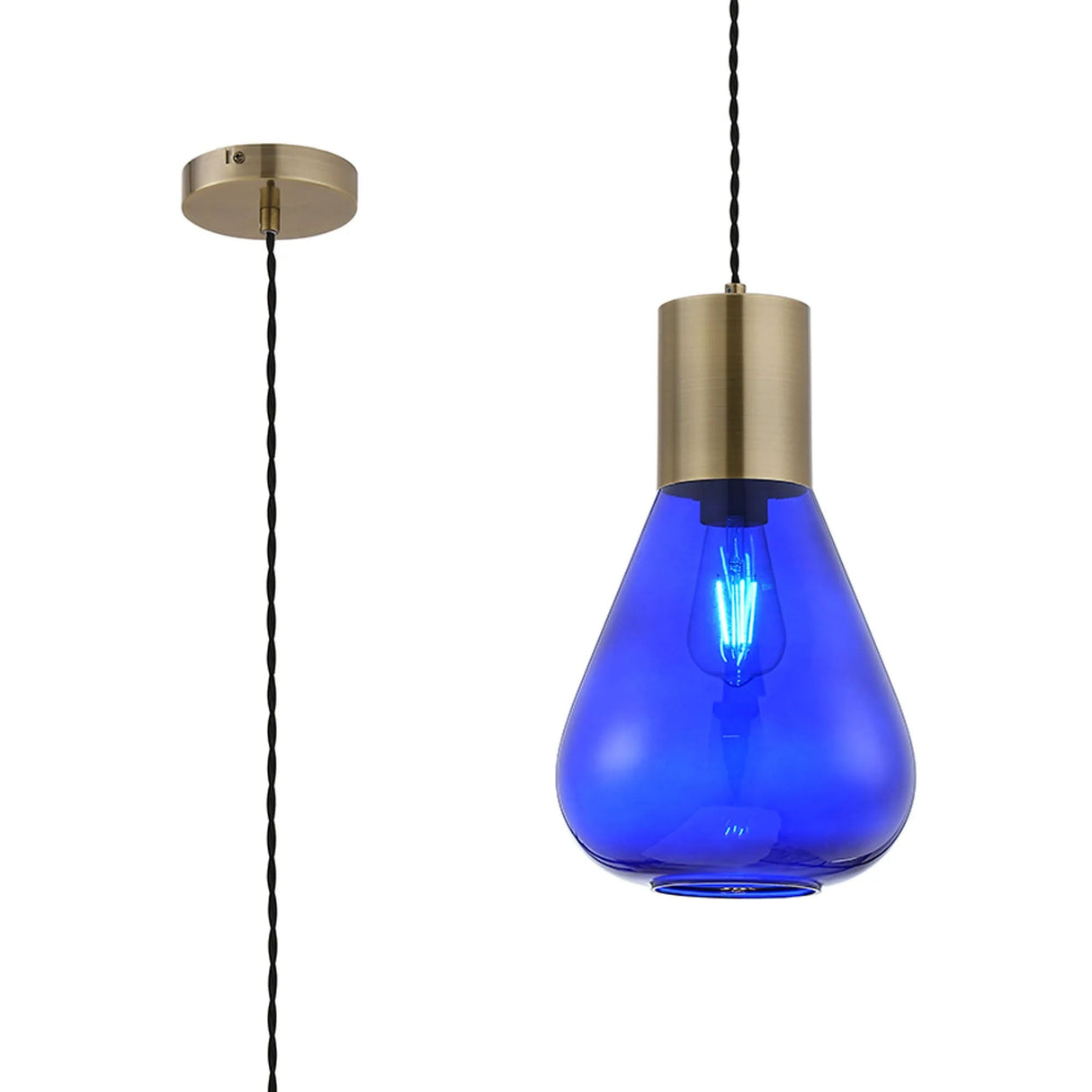Rowell Narrow Pendant, 1 x E27, Antique Brass/Blue Ink Glass