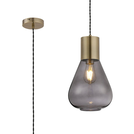 Rowell Narrow Pendant, 1 x E27, Antique Brass/Inky Black Glass