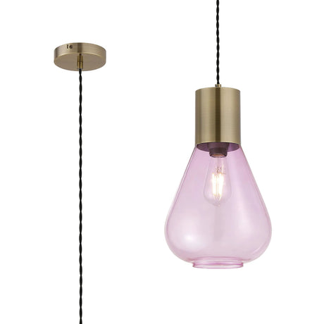 Rowell Narrow Pendant, 1 x E27, Antique Brass/Lilac Glass