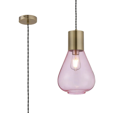 Rowell Narrow Pendant, 1 x E27, Antique Brass/Pink Glass