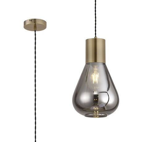 Rowell Narrow Pendant, 1 x E27, Antique Brass/Smoke Plated Glass