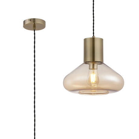 Rowell Wide Pendant, 1 x E27, Antique Brass/Amber Glass