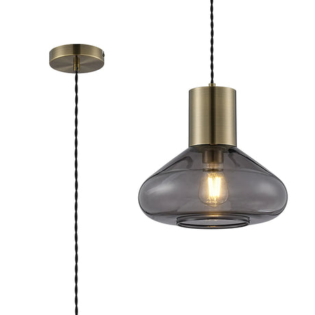 Rowell Wide Pendant, 1 x E27, Antique Brass/Inky Black Glass