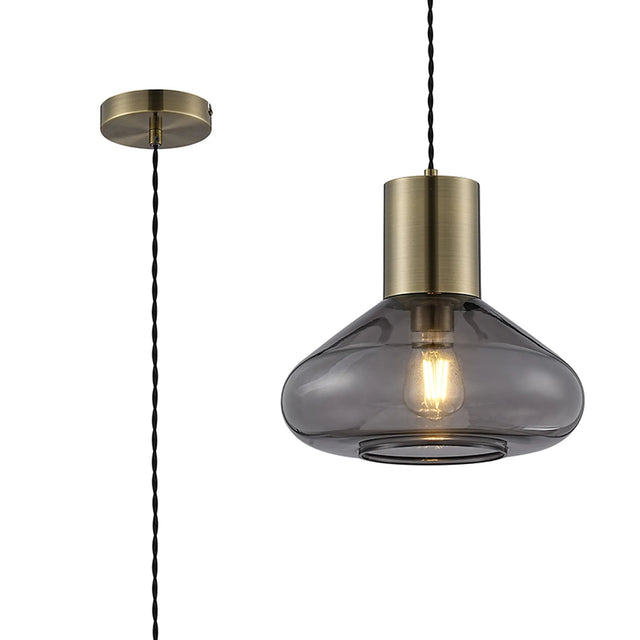 Rowell Wide Pendant, 1 x E27, Antique Brass/Inky Black Glass