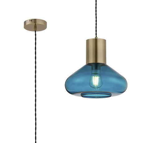 Rowell Wide Pendant, 1 x E27, Antique Brass/Teal Blue Glass