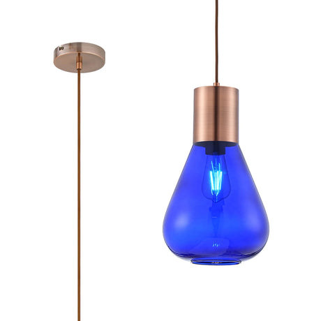 Rowell Narrow Pendant, 1 x E27, Antique Copper/Blue Ink Glass